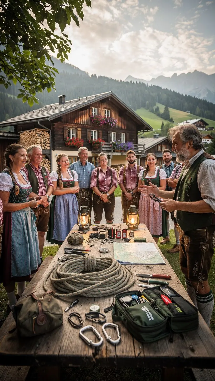 Ein Lagerfeuer, das in der Dämmerung brennt, mit umstehenden Campingstühlen.