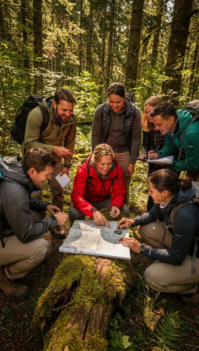 Ein Teilnehmer nutzt eine Karte und einen Kompass zur Navigation in der Wildnis.