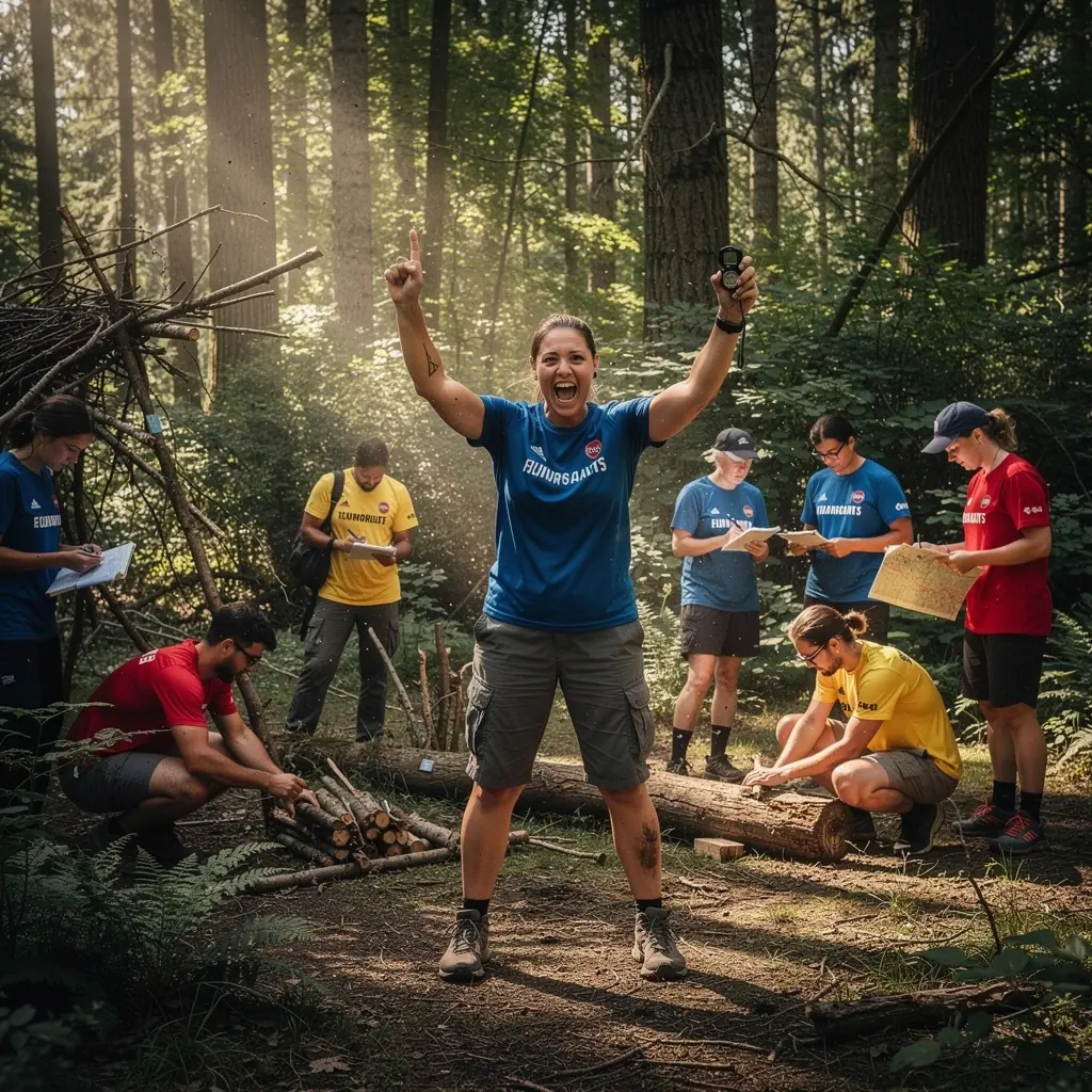 Eine Gruppe von Personen übt das Entzünden eines Feuers im Freien mit natürlichen Materialien.